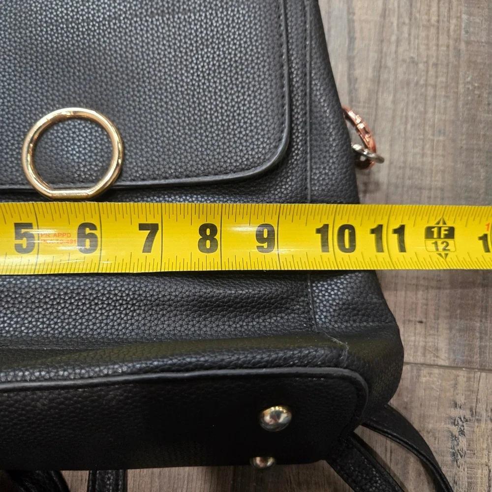 Black Pebbled Faux‎ Leather Convertible Backpack Satchel Rose Gold Ring Detail